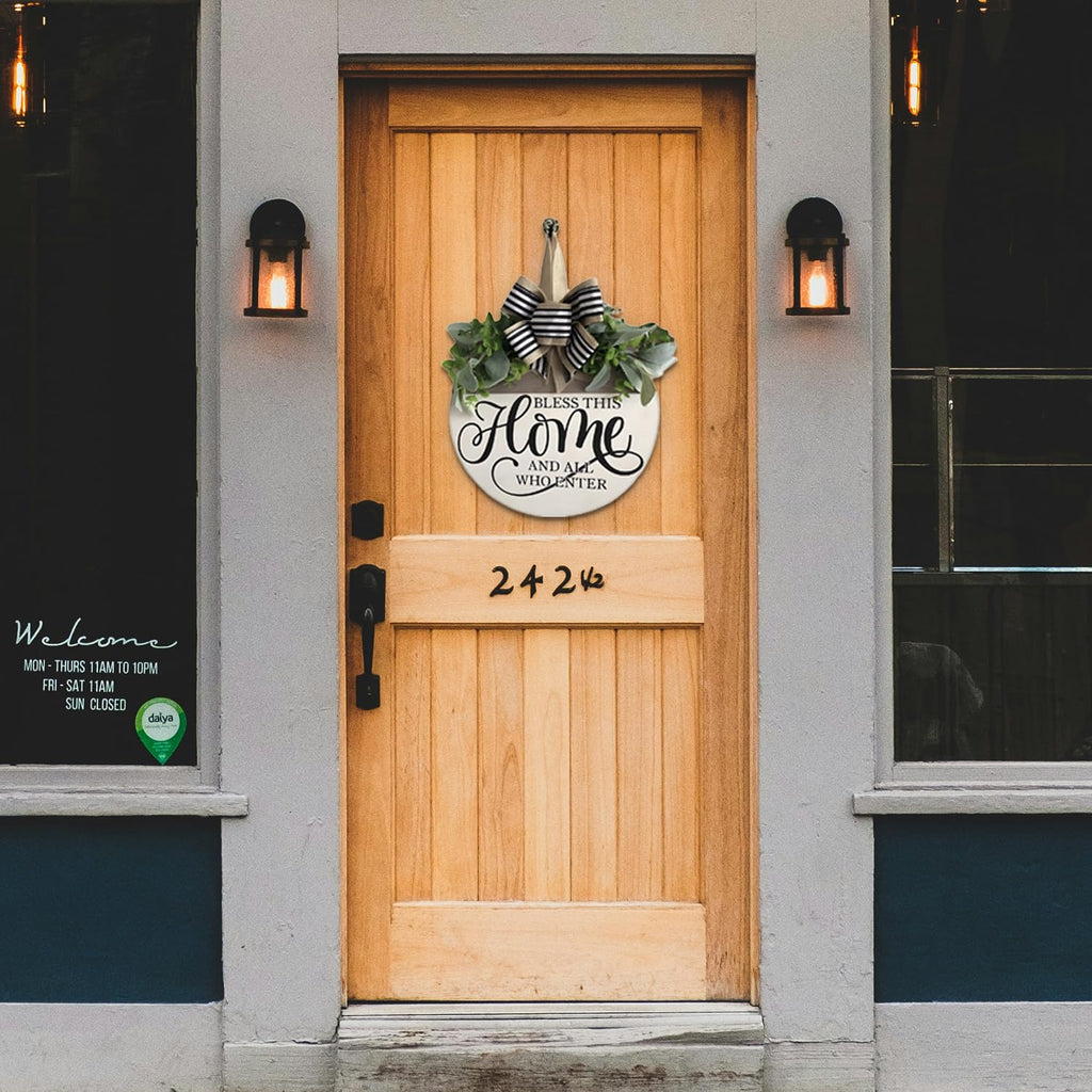 Welcome Sign for Front Door, Rustic Round Wood Wreaths Wall Hanging Outdoor Decor, Porch Fence Decorations Hanging