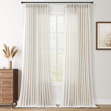 Pinch Pleated Linen Curtains Semi Sheer 98 Inches Long 2 Panels Natural Cream Curtain for Rustic Farmhouse Back Tab