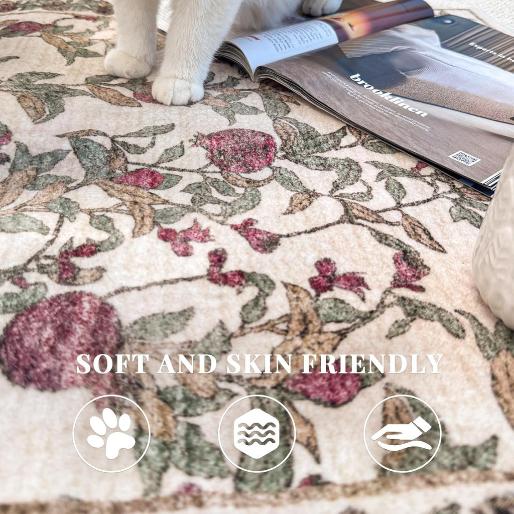 Eden Floral Round Rug 8ft Area Rug Washable Vintage Soft Non-Slip Distressed Red Green 8' Circle Car