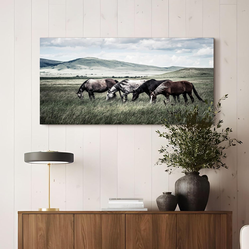 Rustic Horse Canvas Wall Art: Farmhouse Horses Picture Vintage Wild Animal Grazing on Grass Painting Print Country