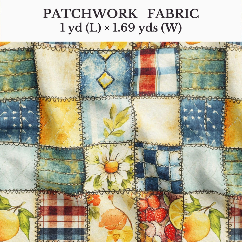 Patchwork Cotton Fabric Panel 61 x 36.6 Inches, Lemon Fruit Quilt Style Pattern, Rustic Blue Yellow Design, 100%