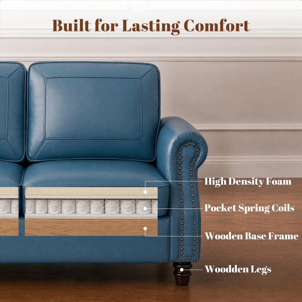 Faux Leather Loveseat Sofa with Rolled Arms, Royal Blue