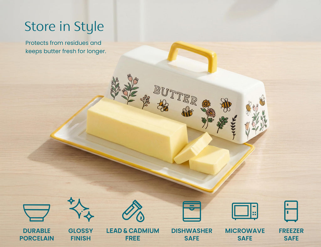 Ceramic Butter Dish with Lid, Countertop, Dishes, Tray, Meadow