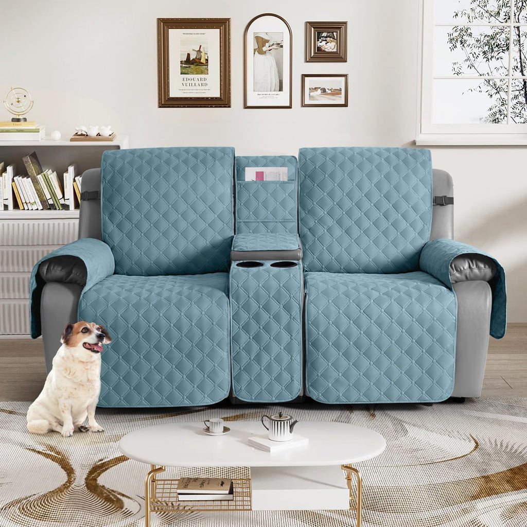 100% Waterproof Loveseat Recliner Covers with Console, Sky Blue