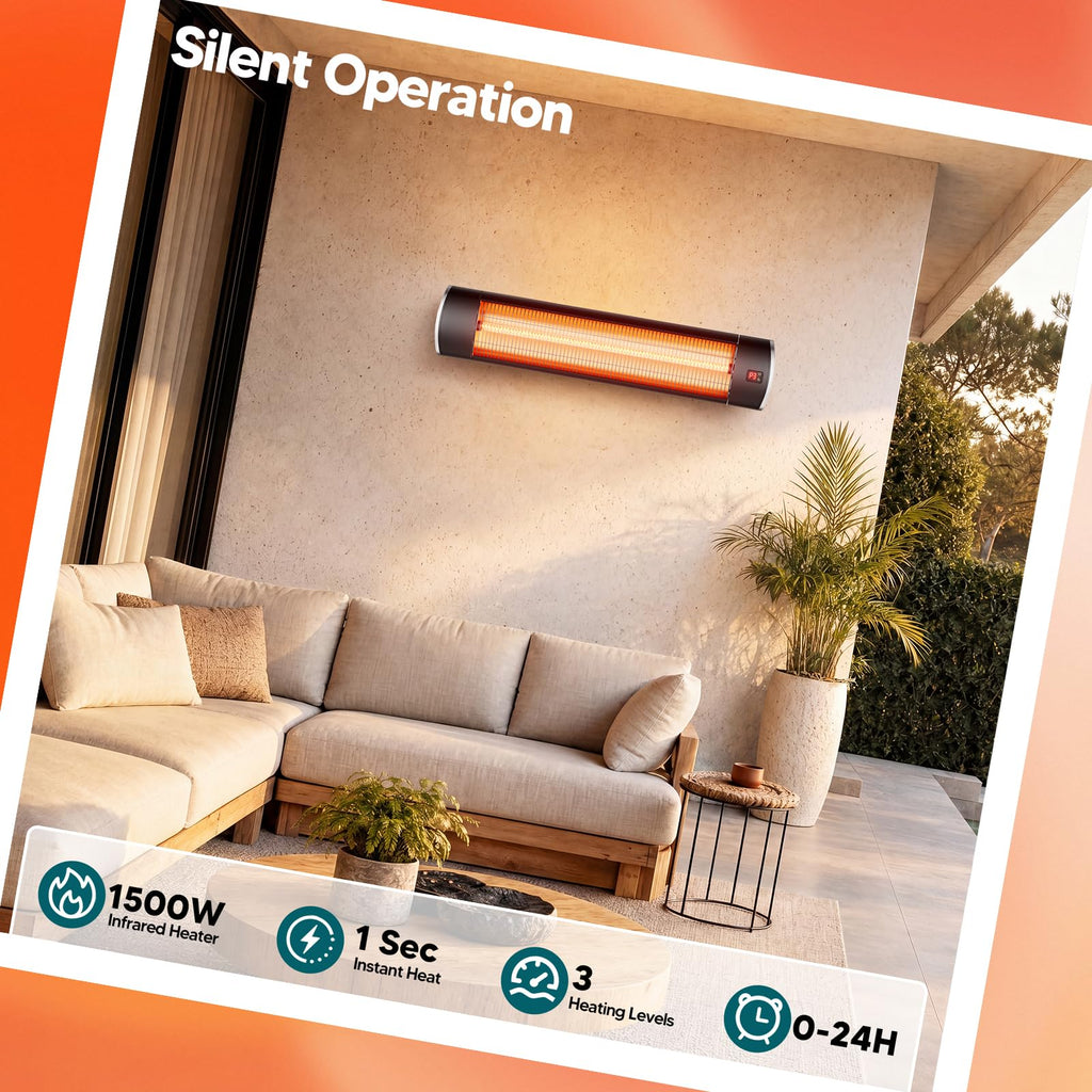 Wall-Mounted Electric Patio Heater for Outdoor, 1500W Infrared 3 Heat Levels, 24H Timers, 1s Heating Carbon Fiber