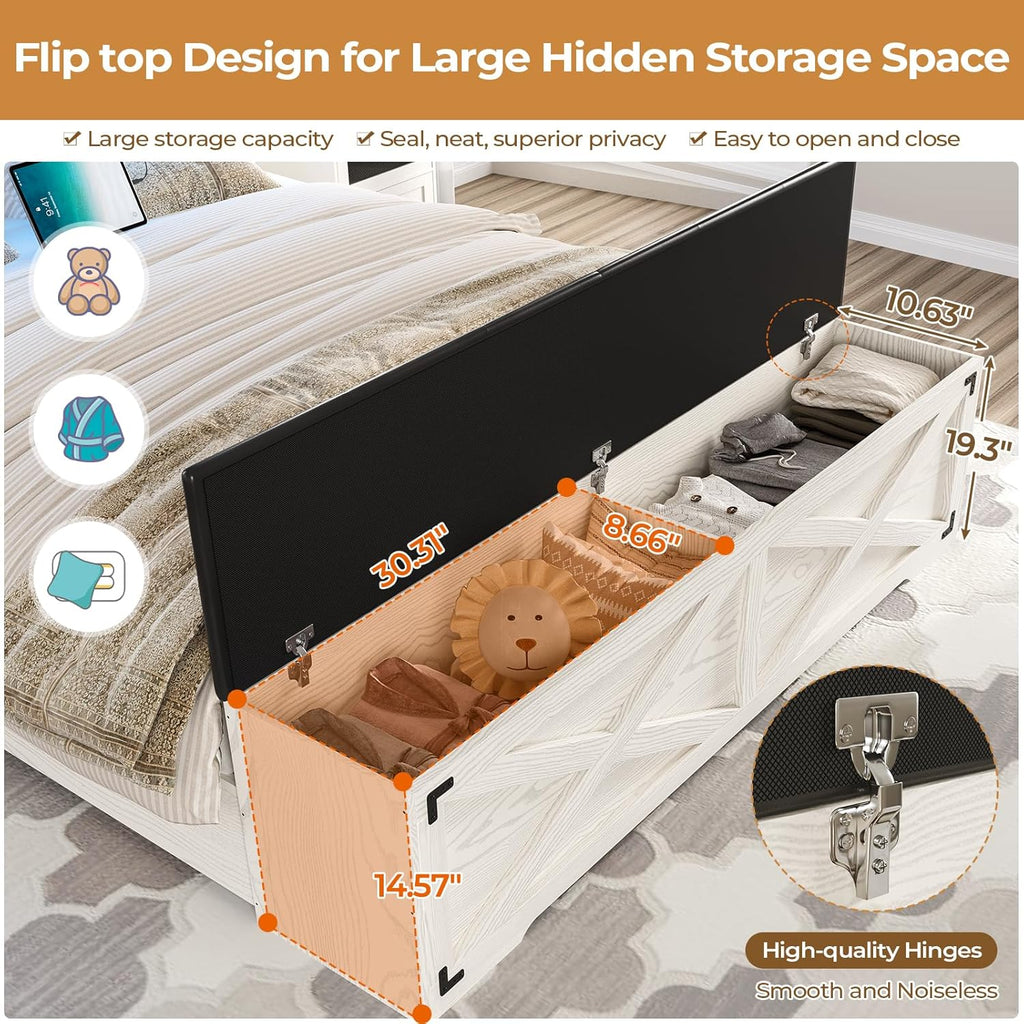 Farmhouse Queen Bed Frame with Storage Headboard, Charging Station and LED Lights Wood Platform Bed Frame Queen with