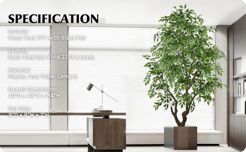 Artificial Ficus Tree 7FT with 2294 Leaves & Black Pot Deluxe