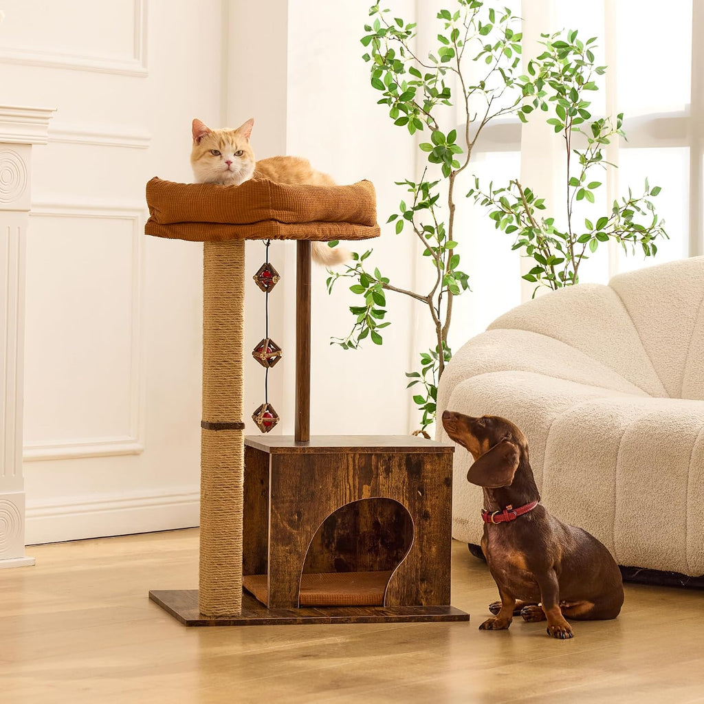 Retro-Modern Cat Tree, Small Wooden Cat Tower with Post and Condo