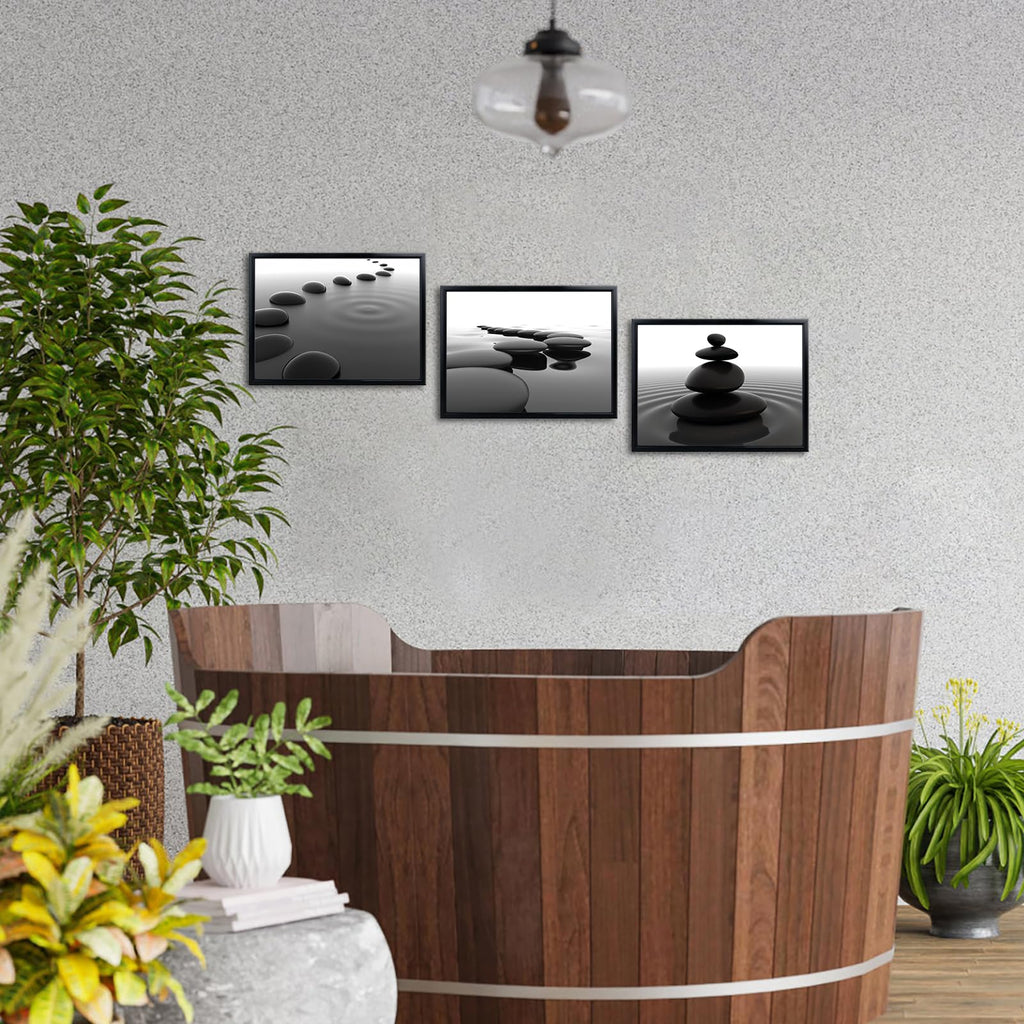 3pcs Black and White Zen Wall Art Stones in Water Canvas Prints with Black Frame Yoga Meditation Spa Living Room