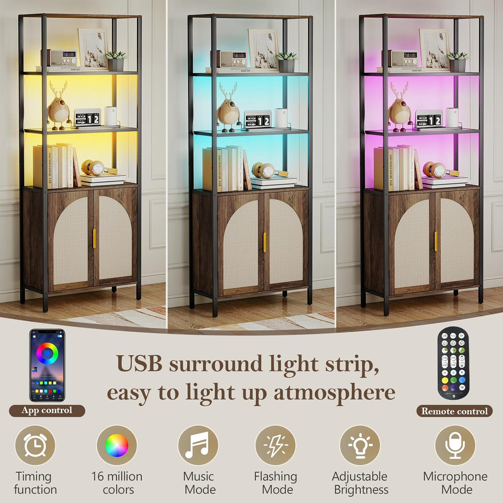 Rattan Bookshelf with Storage, Boho Bookcase with Wicker Doors, 71" Tall Book Shelf with LED Lights, Brown