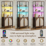 Rattan Bookshelf with Storage, Boho Bookcase with Wicker Doors, 71" Tall Book Shelf with LED Lights, Brown