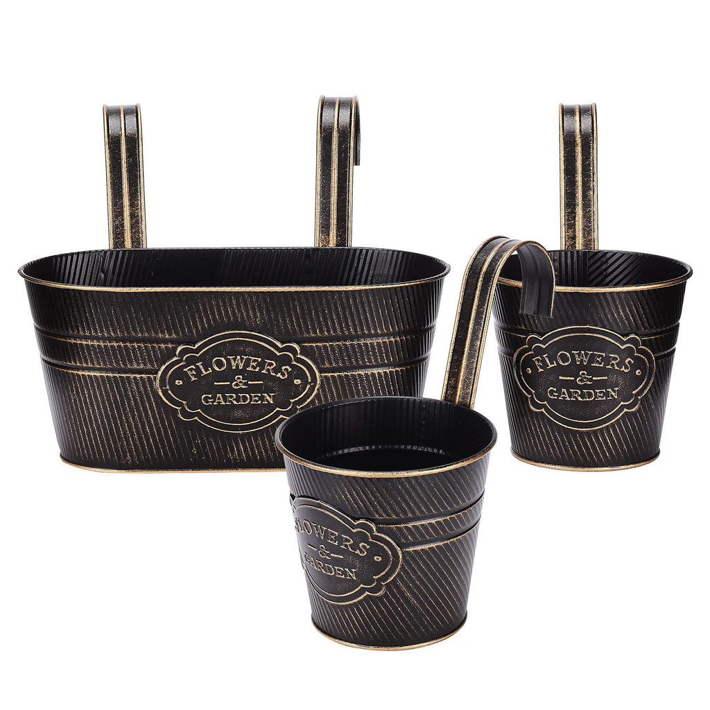 3 Pack Metal Railing Planter Box Outdoor, 10.6" Hanging Flower Pots with Detachable Hooks & Drainage Holes, Rail