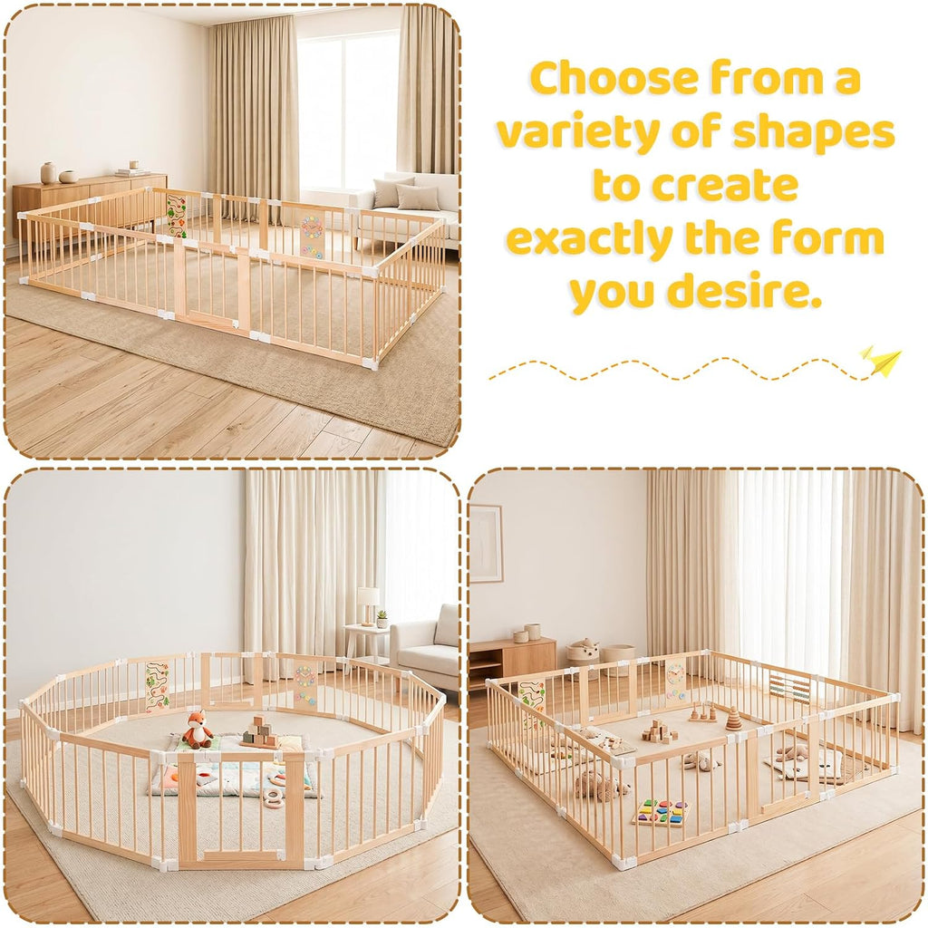 Baby Playpen with Montessori Toys, 12 Panels Foldable Wooden Play Yard for Toddlers & Infants 2-in-1 Baby Fence Play