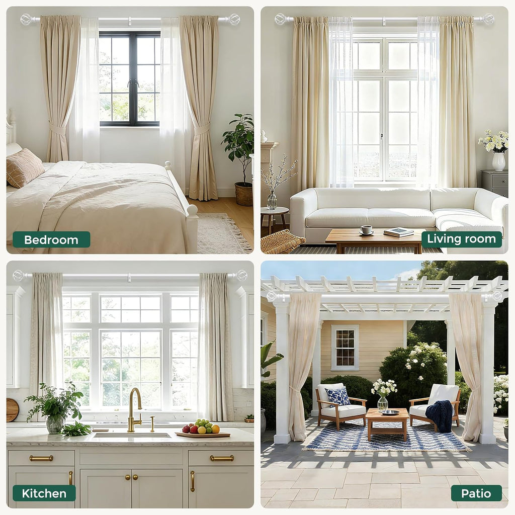 White Curtain Rod, Decorative Curtain Rods for Windows with Twisted Cage Finials, 3/4" Adjustable Heavy