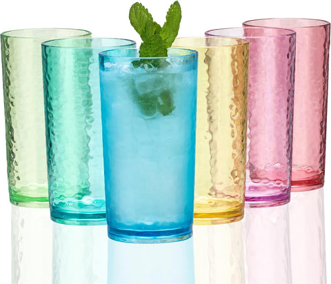 20-ounce Acrylic Glasses Plastic Tumbler, set of 6 Multicolor - Hammered Style, Dishwasher Safe, BPA Free