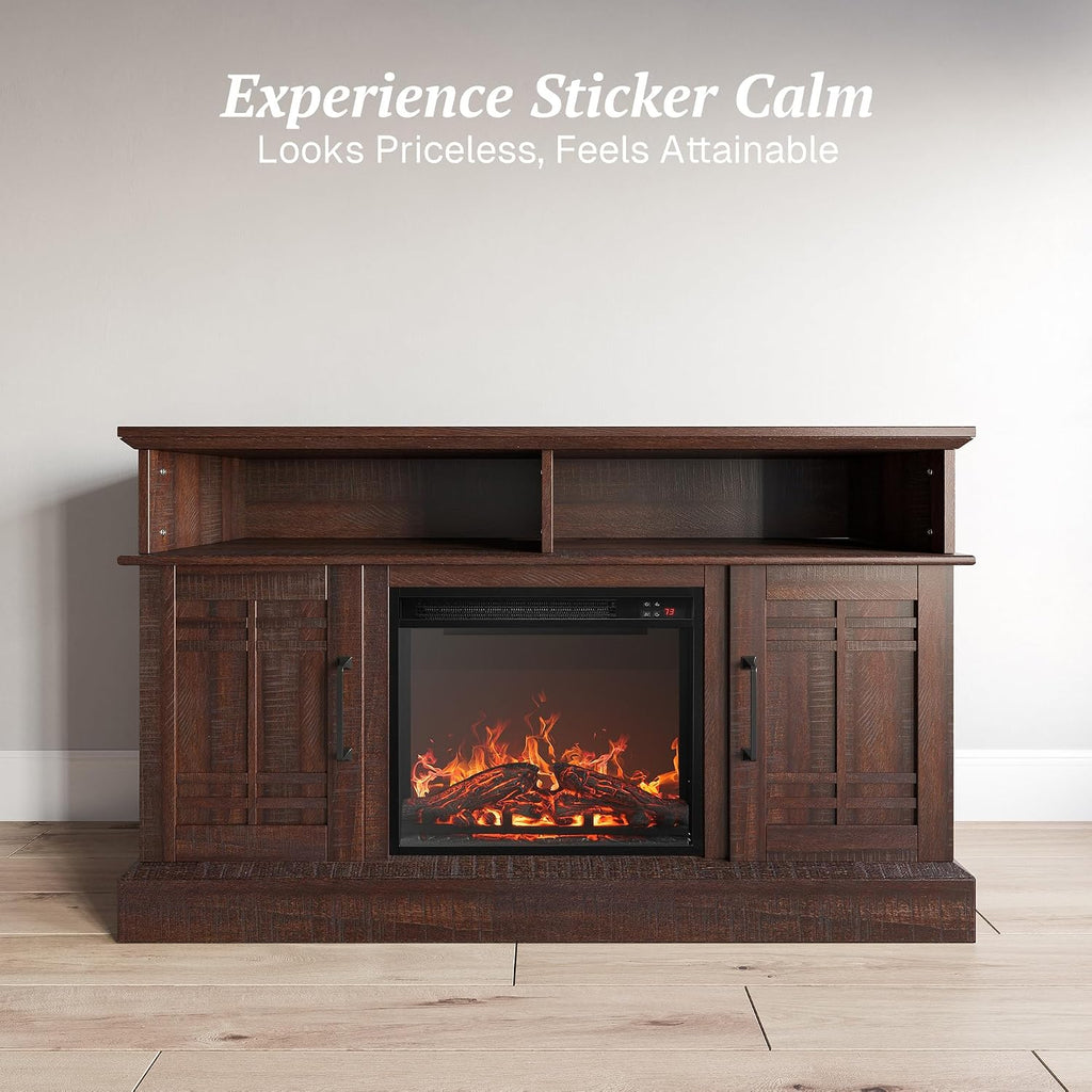 48" TV Stand with 18" Electric Fireplace Heater, Modern TV Stand for TVs up to 50", Entertainment Media Stand with Open Shelves and Storage Cabinets for Living Room, Bedroom (Espresso)