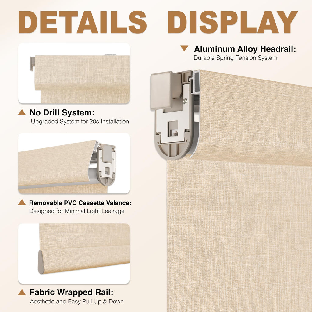 No Drill Cordless Blackout Roller Shades, Khaki
