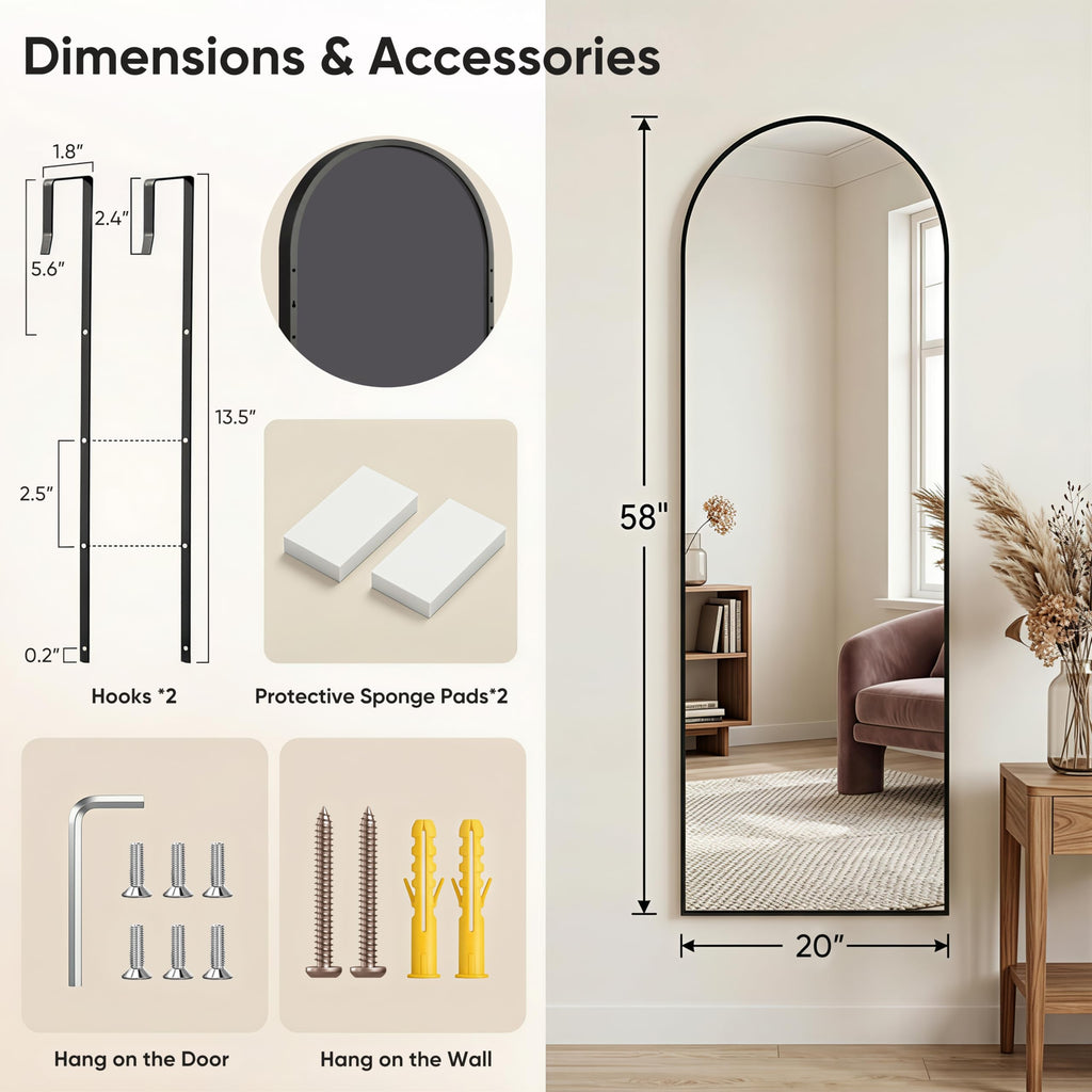 58"x20" Over The Door Mirror, Arched Full Length Mirror, Black