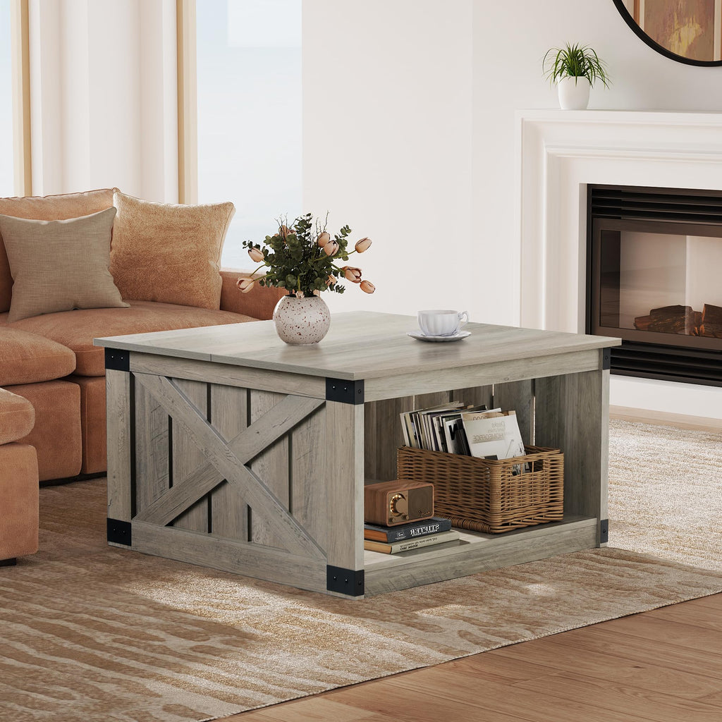 Coffee Table, Farmhouse Coffee Table with Open Storage, 31.5" Wood Square Living Room Tables, Rustic Dining Cocktail