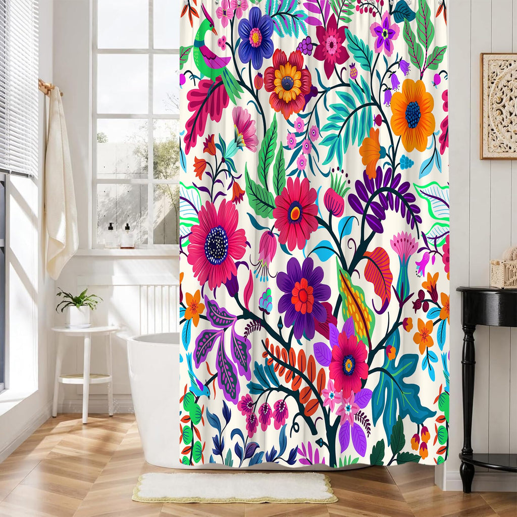 Boho Floral Shower Curtain Colorful Paisley Abstract Mandala Flower Leaf Vibrant Ethnic Tribal Blossom Vintage Swirls