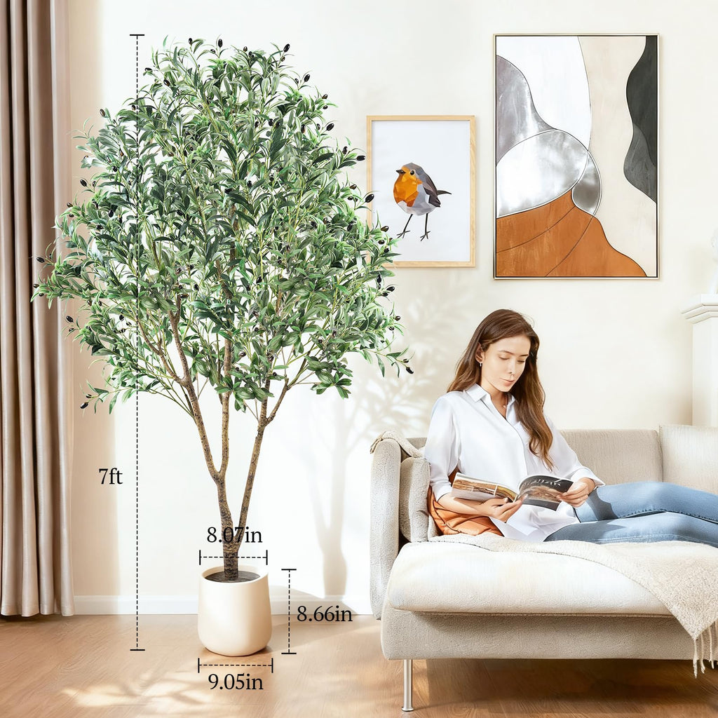 Large Olive Trees Artificial Indoor 7FT, Upgraded Faux Olive Tree with Realistic Leaves and Fruits, Heavy Base