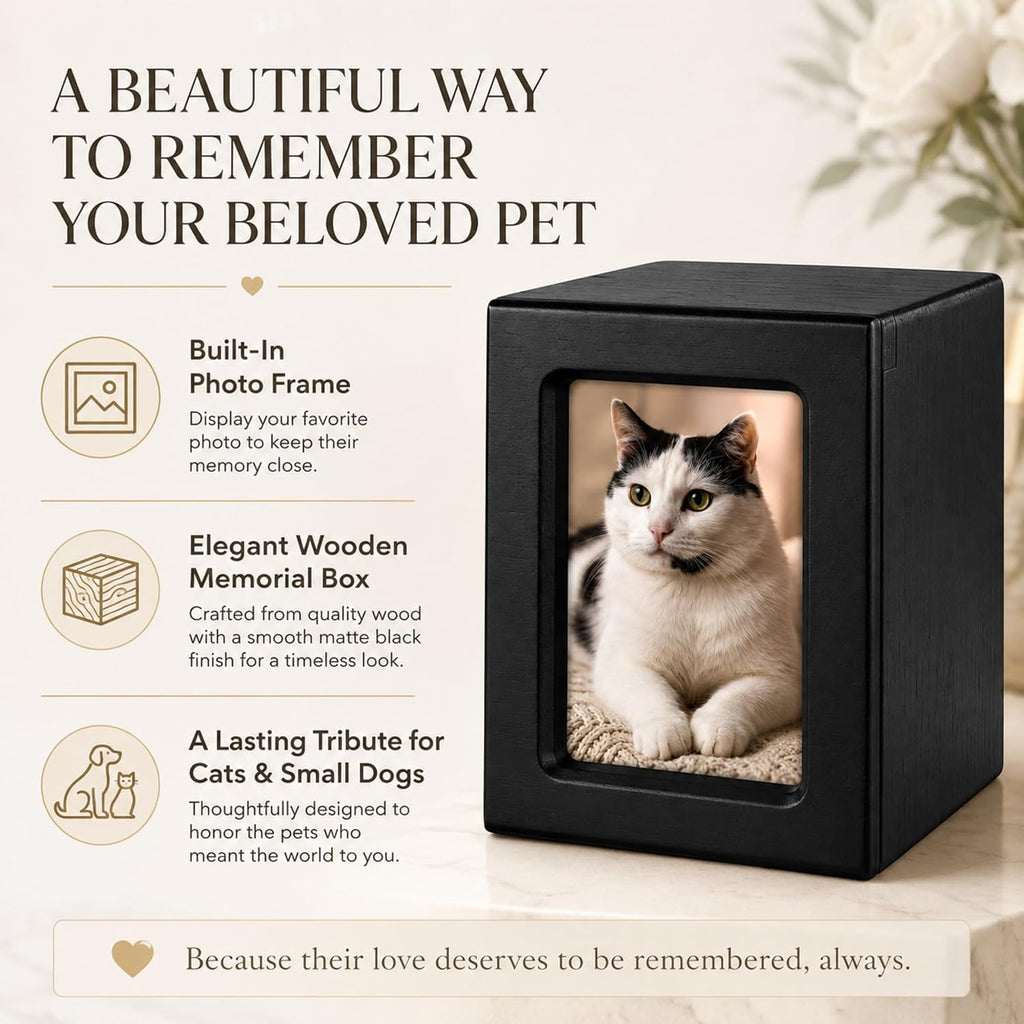 Pet Memorial Urn Built-in Photo Frame Hair Keepsake Pouch Wooden Cremation Box Dog Cat Ashes Easy Photo Change