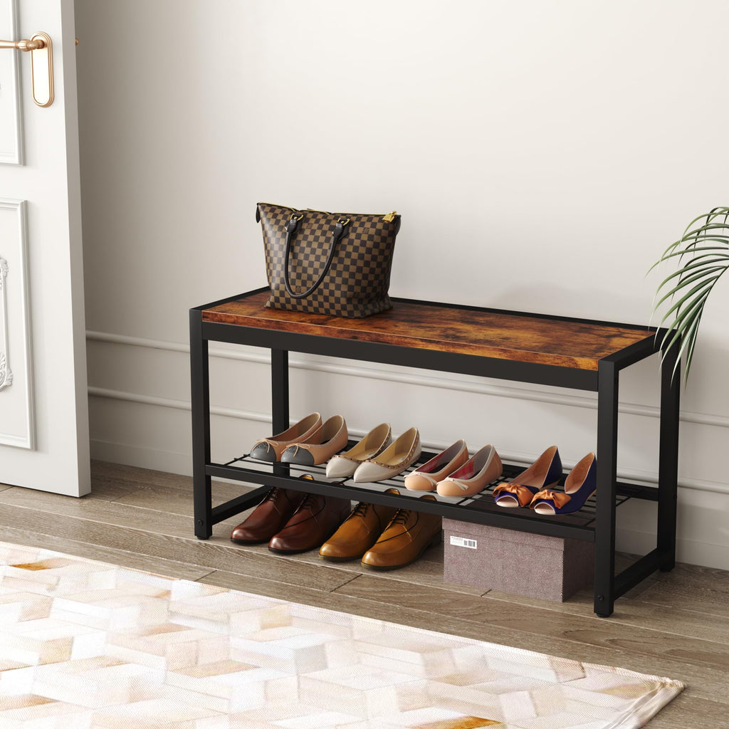 Shoe Bench, Modern Industrial Shoe Storage Bench, Entryway Bench with Mesh Shelf and Sturdy Metal Frame, Metal Shoe