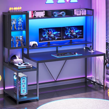 60'' Gaming Desk with Storage, Hutch, Display Cabinet and LED Lights | Computer Desk with Monitor Stand, Large PC