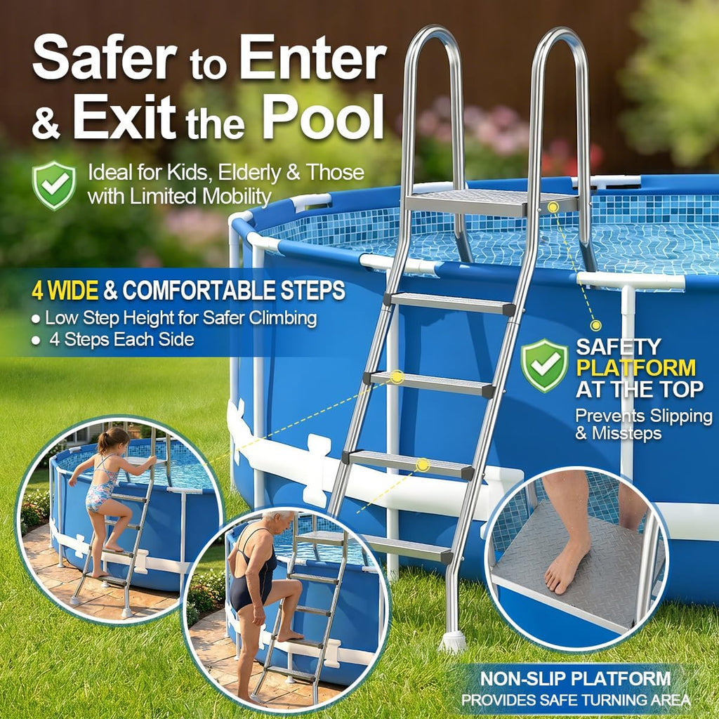 Above Ground Pool Ladder, 304 Stainless Steel Heavy Duty Pool Ladder | Pool Ladder with Non-Slip Wide Steps, 580 LBS