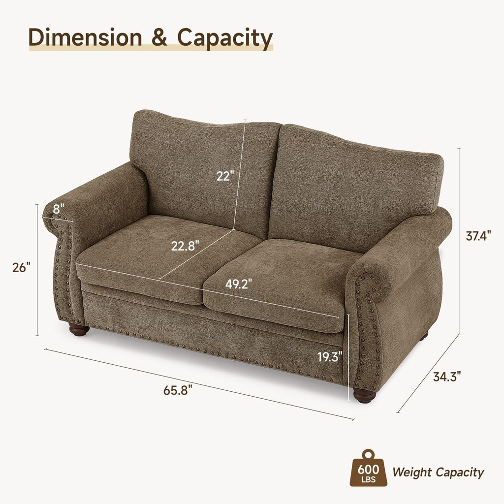 Nailhead Sofa, 66 Inch Small Chenille Couch with Rolled Arms, Brown