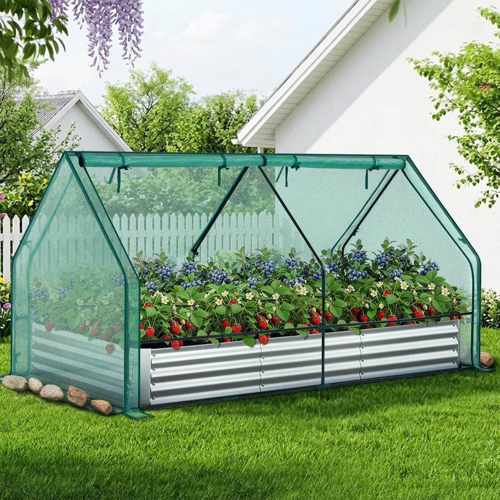 8x4x1 FT Raised Garden Bed Outdoor with Cover, 3-in-1 Gardening Set | PE Greenhouse Cover, 4 Doors for Ventilation