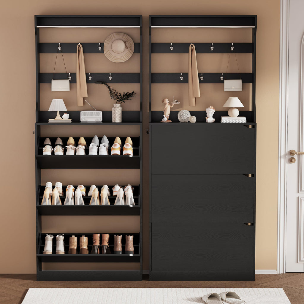 Black Hidden Shoe Cabinet with 3 Flip Drawers & Coat Rack, Entryway