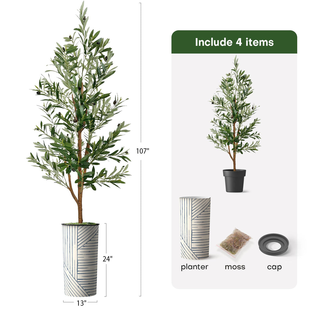 Artificial Tree in Geometric Pattern Planter, Fake Olive Silk Tree for Indoor and Outdoor Home Decoration - 68"