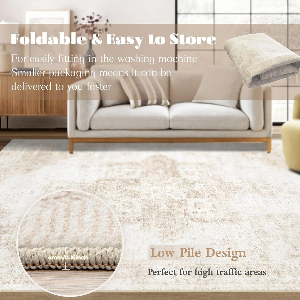 Area Rug 9x12 Washable Rug, Vintage Boho Medallion Rugs Non-Slip Soft Low Pile Large Distressed Rug 
