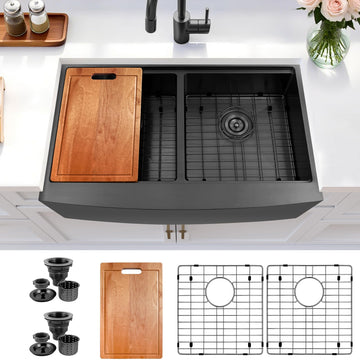 Black Double Farmhouse kitchen Sink, 16-Gauge Stainless Steel Farm Sinks, 50/50 Apron Front Features Workstaion