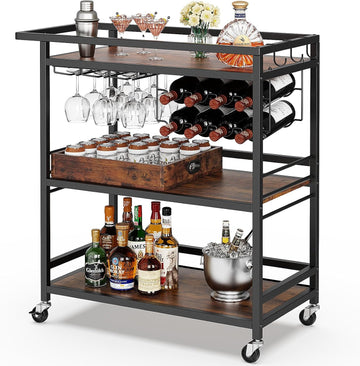 Bar Cart , 3 Tier Rolling Serving Carts with Wheels | Drink Cart, Liquor Stand with Removable Tray, Wine Rack and