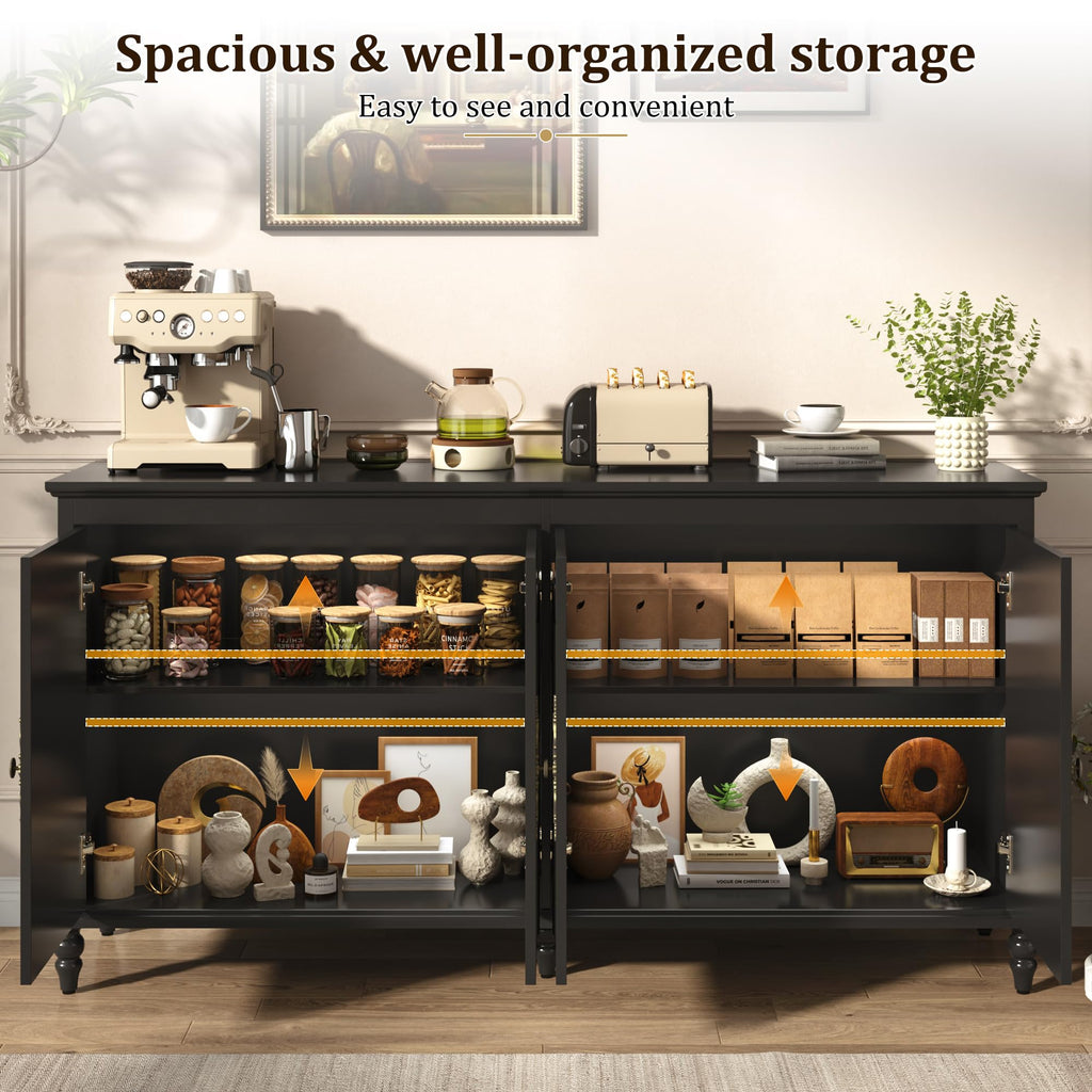 65" Black Buffet Cabinet with Storage, Farmhouse Sideboard Cabinet