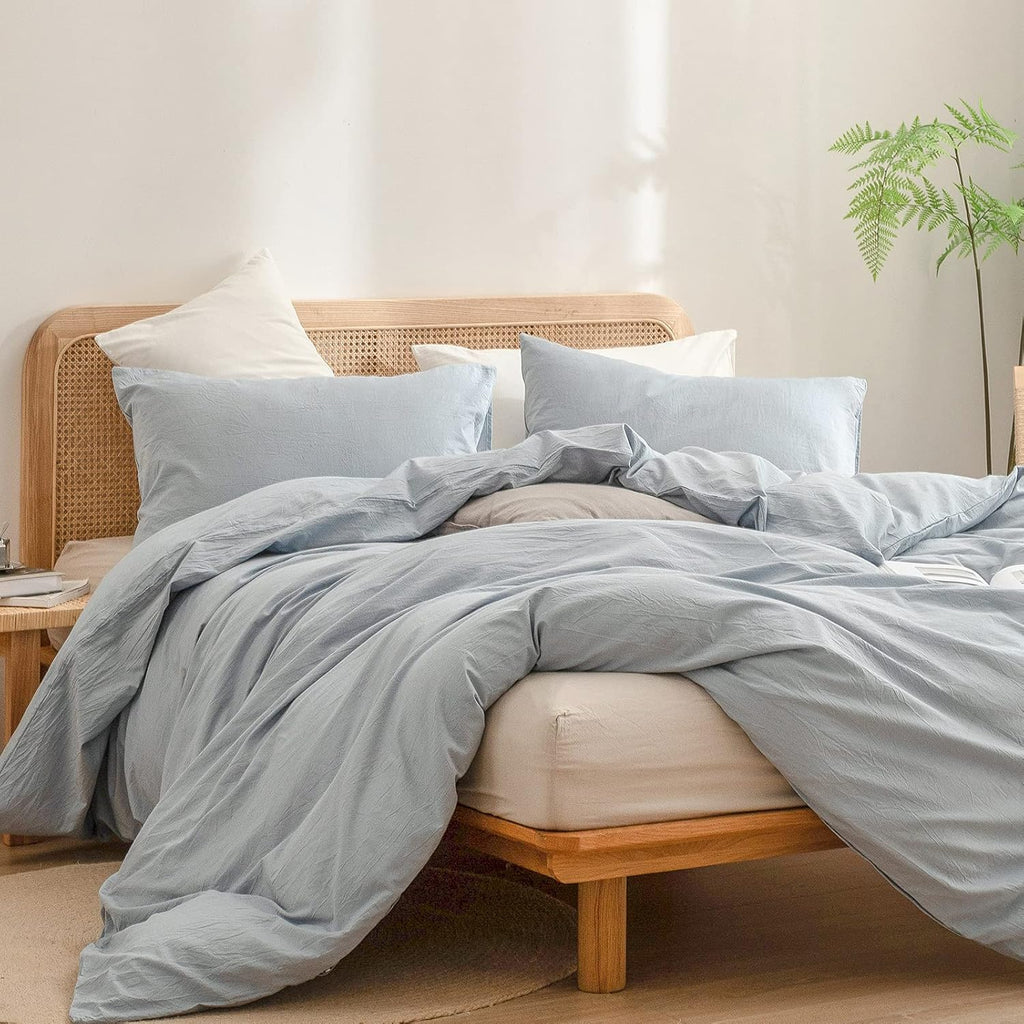 Cotton Solid Duvet Cover Set Linen Feel Cornflower Blue King | Washed Cotton, Linen Feel, Soft Wrinkle Texture