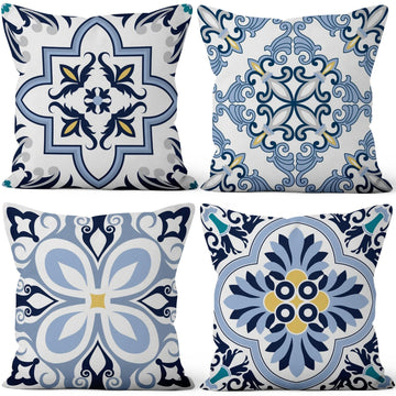 Blue Flowers Geometry Throw Pillow Covers 24"x24" Set of 4, Bohemian Abstract Floral Throw Pillow Cases Moroccan Sofa