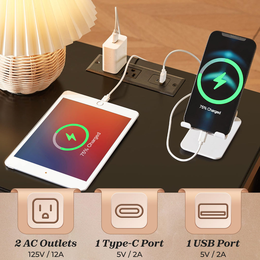 Nightstand with Charging Station, Black Nightstand with 2 Drawers