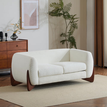 63 Inch Modern Boucle Upholstered 2-Seater Sofa, Chenille Fabric Loveseat with Solid Wood Legs, Low Profile Small