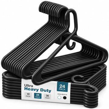 Heavy Duty Clothes Hangers, 24 Pack - Space Saving, Ultra Strong Black Plastic - Hang Your Belt, Pants, Coat, Shirt