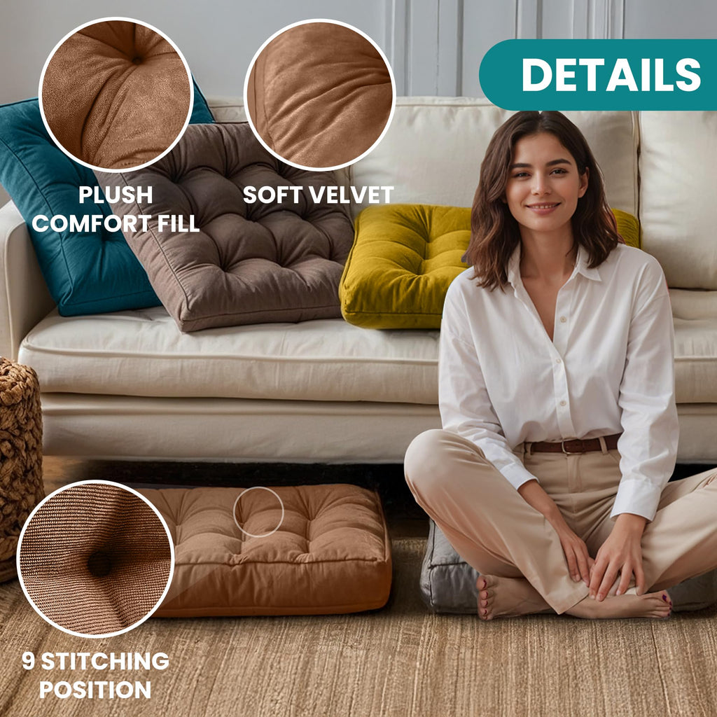 Floor Cushions - Large Square Tufted Floor Pillow, Meditation Cushion, Floor Chair Pillow for Seating & Lounging
