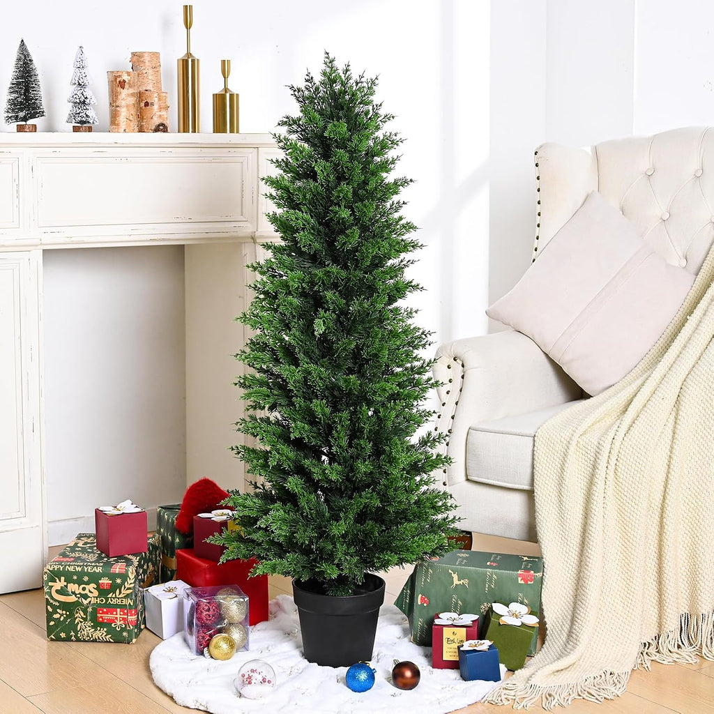 Artificial Cedar Topiary Trees Christmas Topiary Outdoor, 4ft Fake Shrubs Potted Plants Realistic Faux Cypress