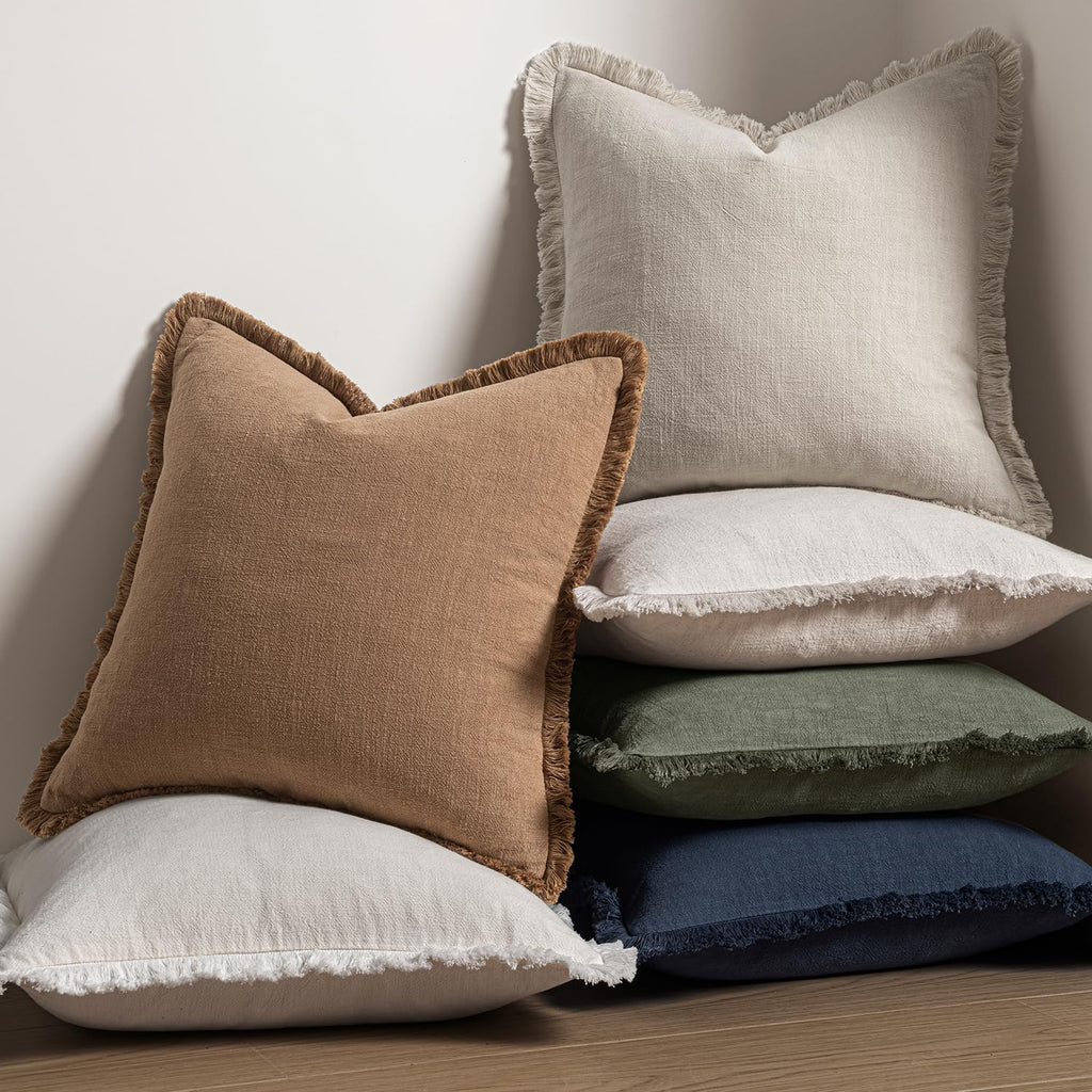 Decorative Throw Pillow Covers Neutral Linen Fringe Throw Pillows Euro Shams Set of 2 Natural Beige Boho Farmhouse