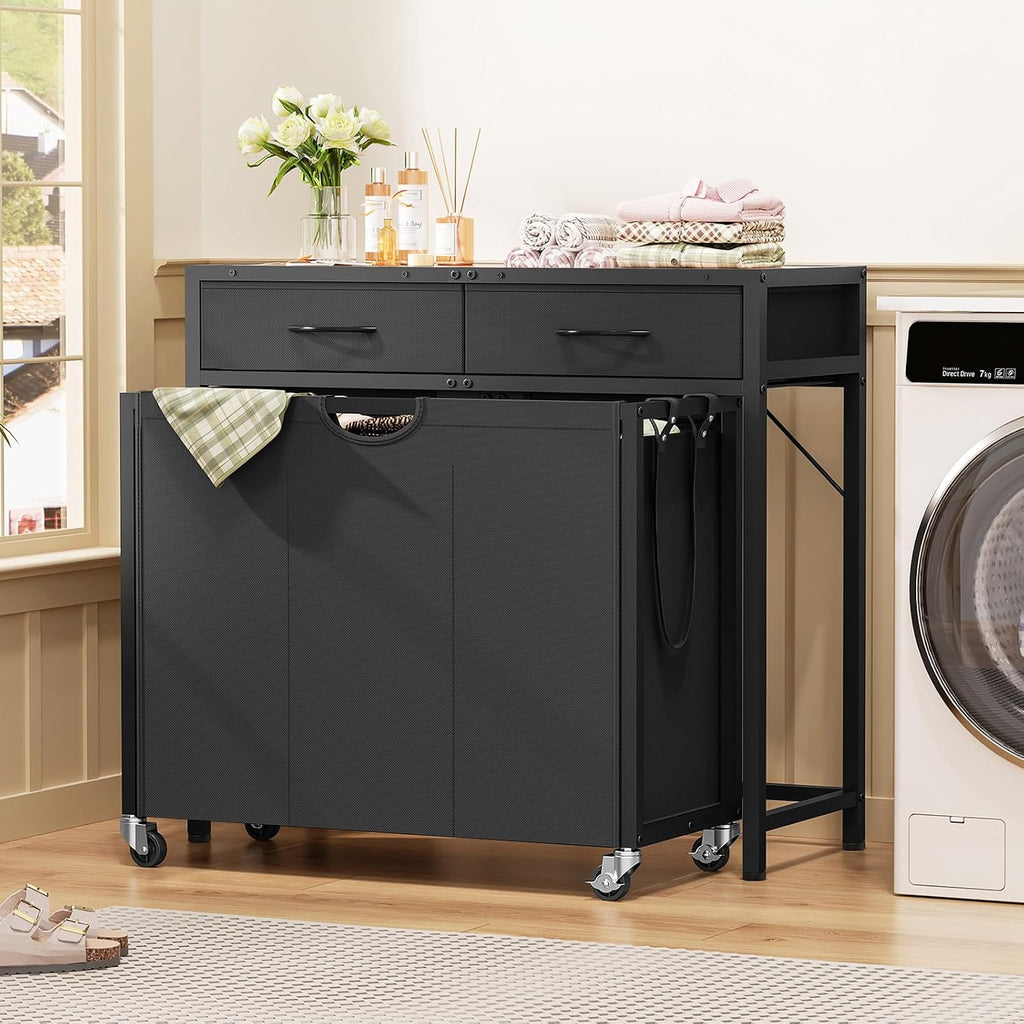 Laundry Sorter, Rolling Laundry Hamper with 3 Section Pull-Out Bags, Laundry Basket Organizer with 2 Drawers & 2-Tone