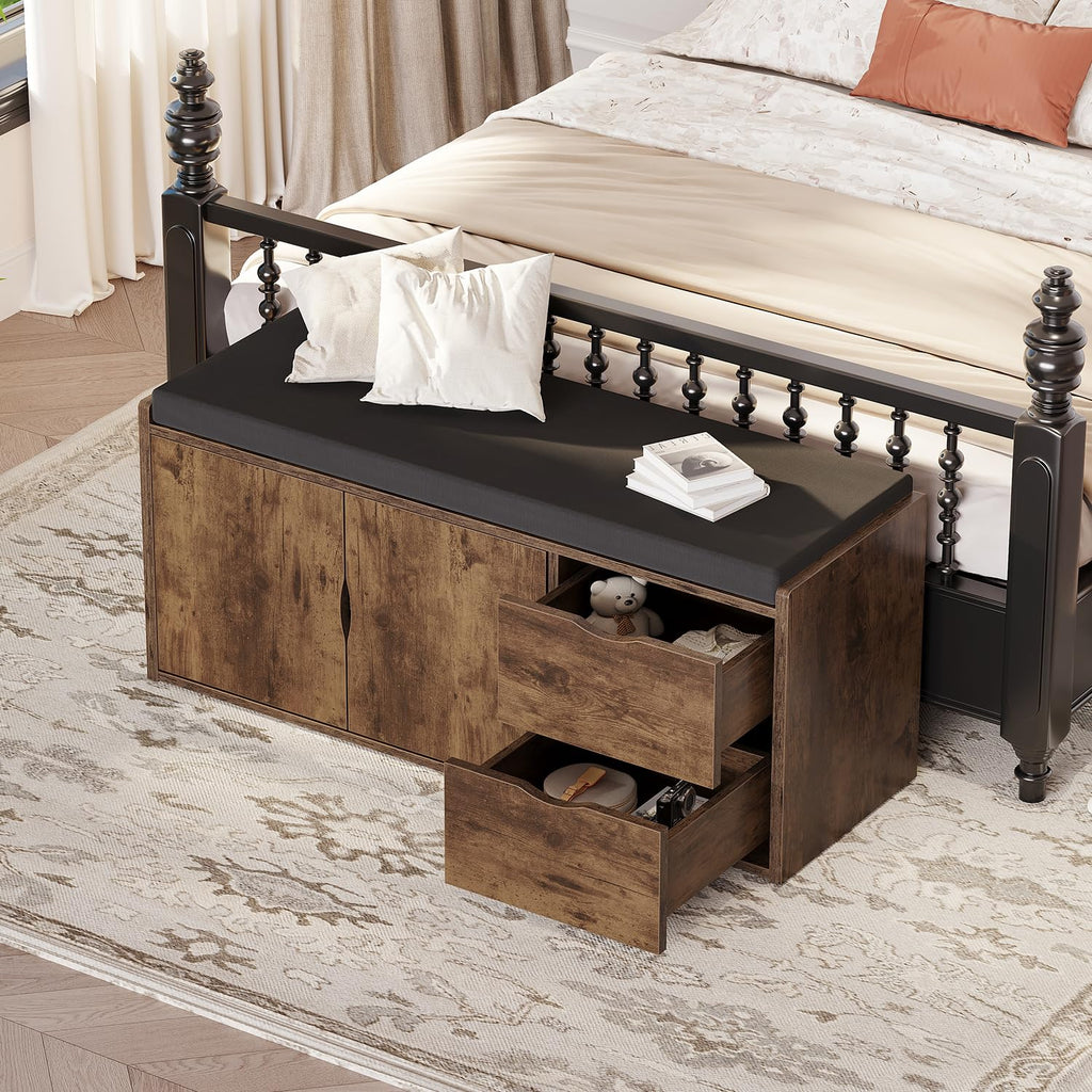 Entryway Shoe Bench, Rustic Storage Bench with Cushioned Seating