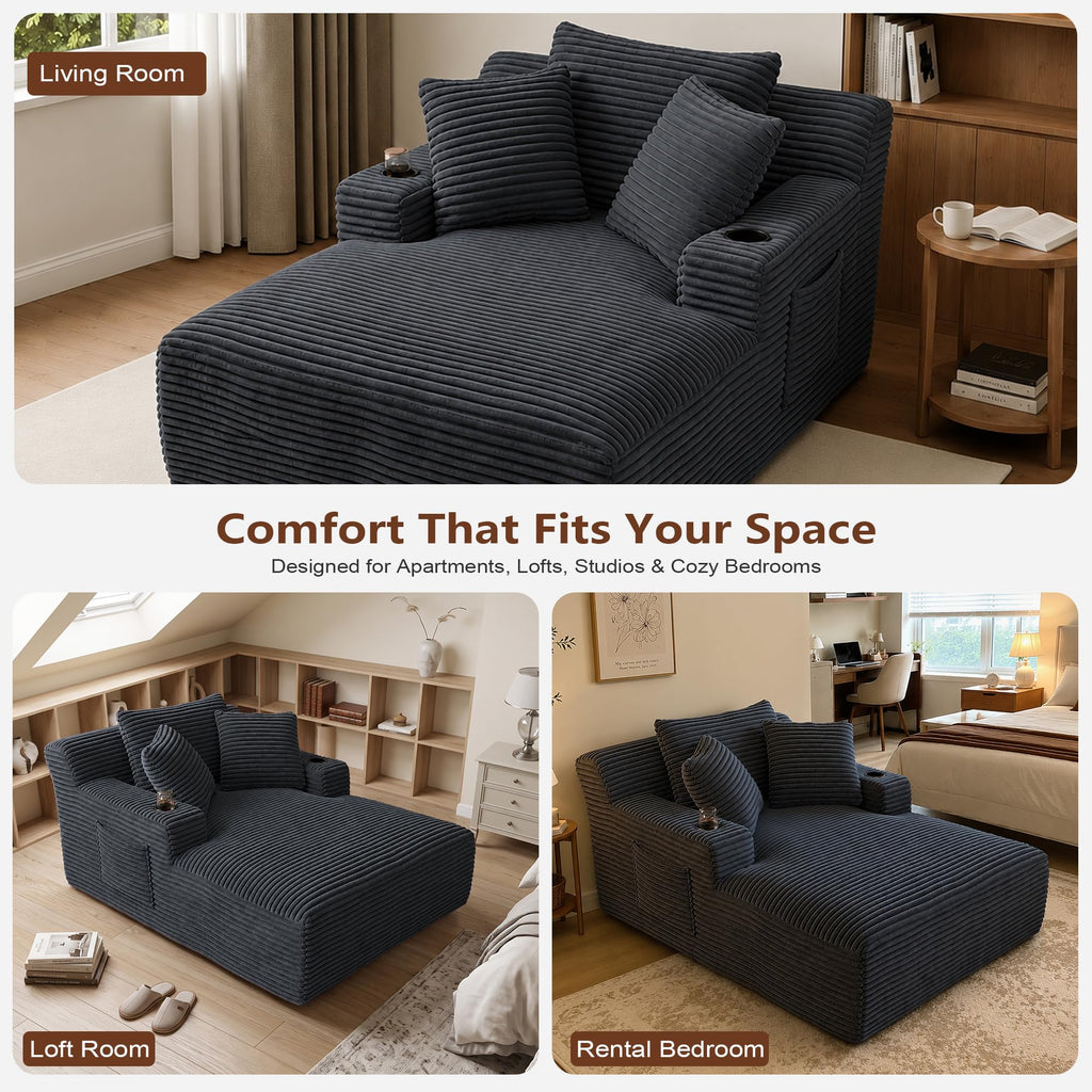 66.1" Oversized Boneless Chaise Lounge Chair Indoor, Corduroy Cloud Reading Chair for Sleeper Chair with 3 Throw