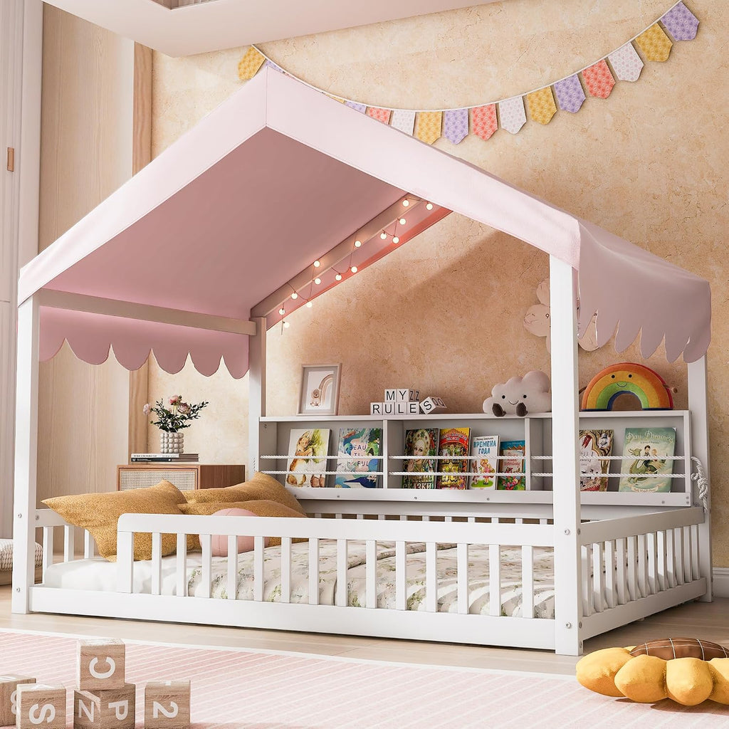 Montessori Floor Bed for Kids Toddler, House Shaped Kids Bed Frame with Safety Guardrail, Curtain &