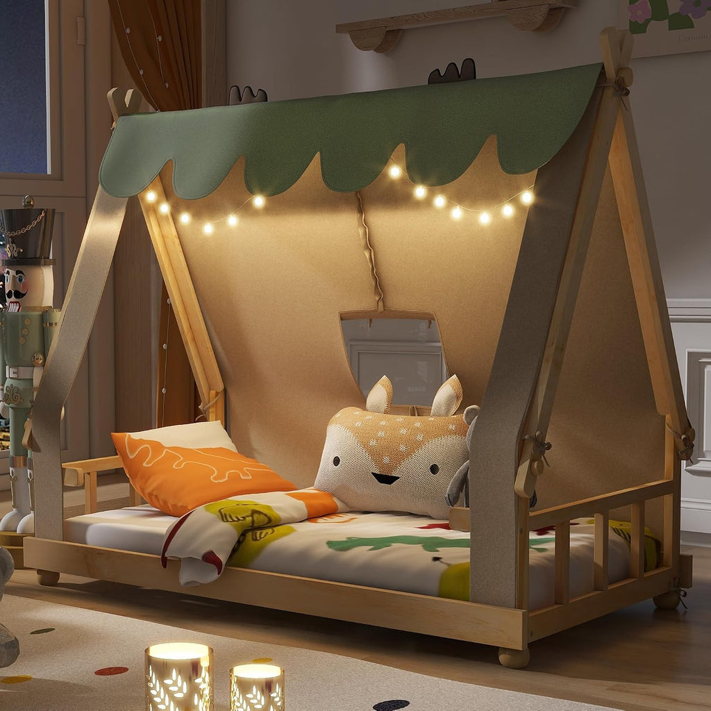 Twin Size House Bed with Tent & Light, Wooden Full Montessori Floor Beds for Kids with Roof, DIY Playhouse, No Box